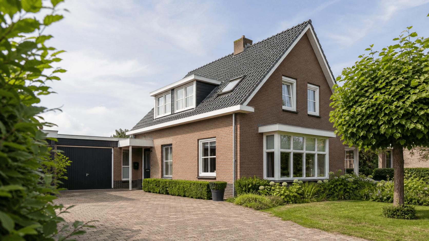 Vrijstaande woning in Boxtel met witte kunststof kozijnen op rode bakstenen gevel