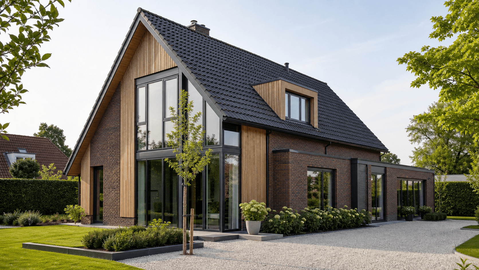 Moderne villa in Rosmalen met grote antraciet kunststof kozijnen en houtaccenten